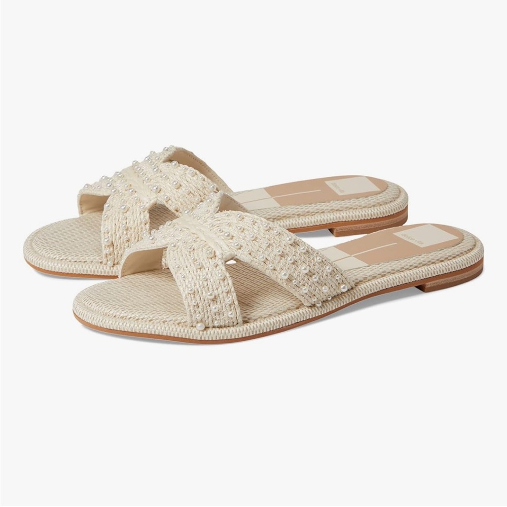 Dolce Vita Atomic Pearl Raffia Slide Flat Sandals, 8.5